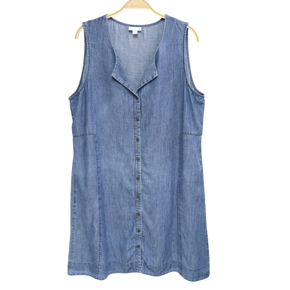 J. Jill Linen Blend Chambray Sleeveless Button Shift Dress L Relaxed Coastal